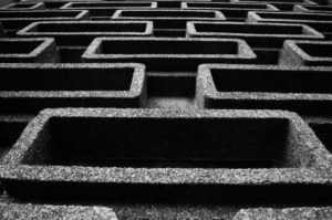 Black and white photo of a maze